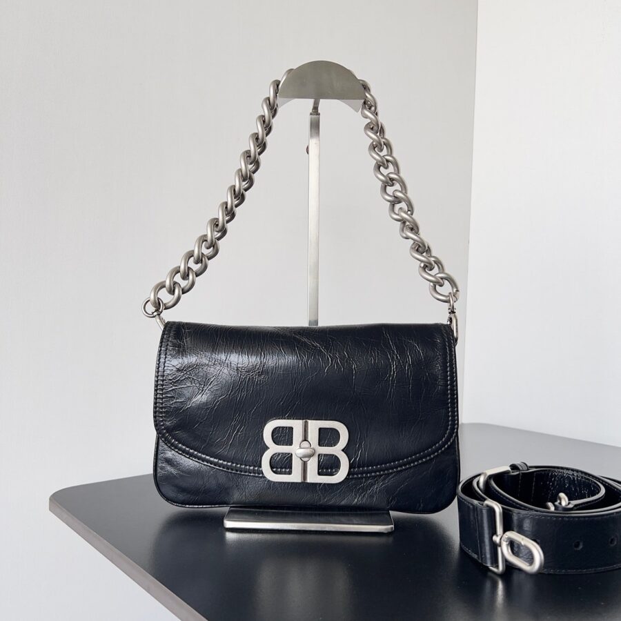 BB SOFT FLAP BAG 25 IN BLACK PEACH CALFSKIN SILVER HARDWARE | Studio Nafay