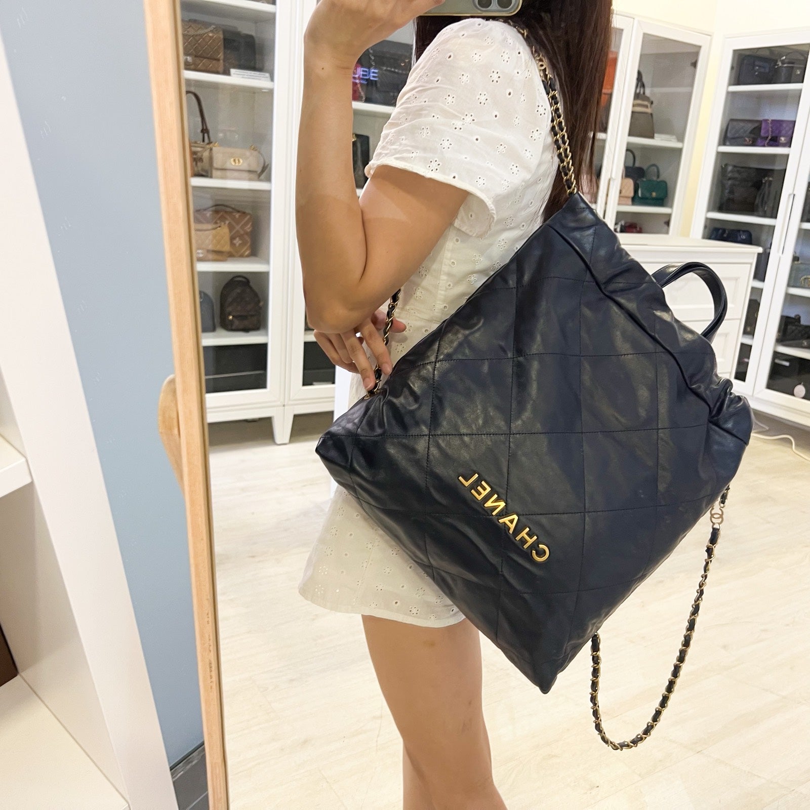 Chanel 22 Large Backpack In 22S Navy Blue Shiny Calfskin And AGHW