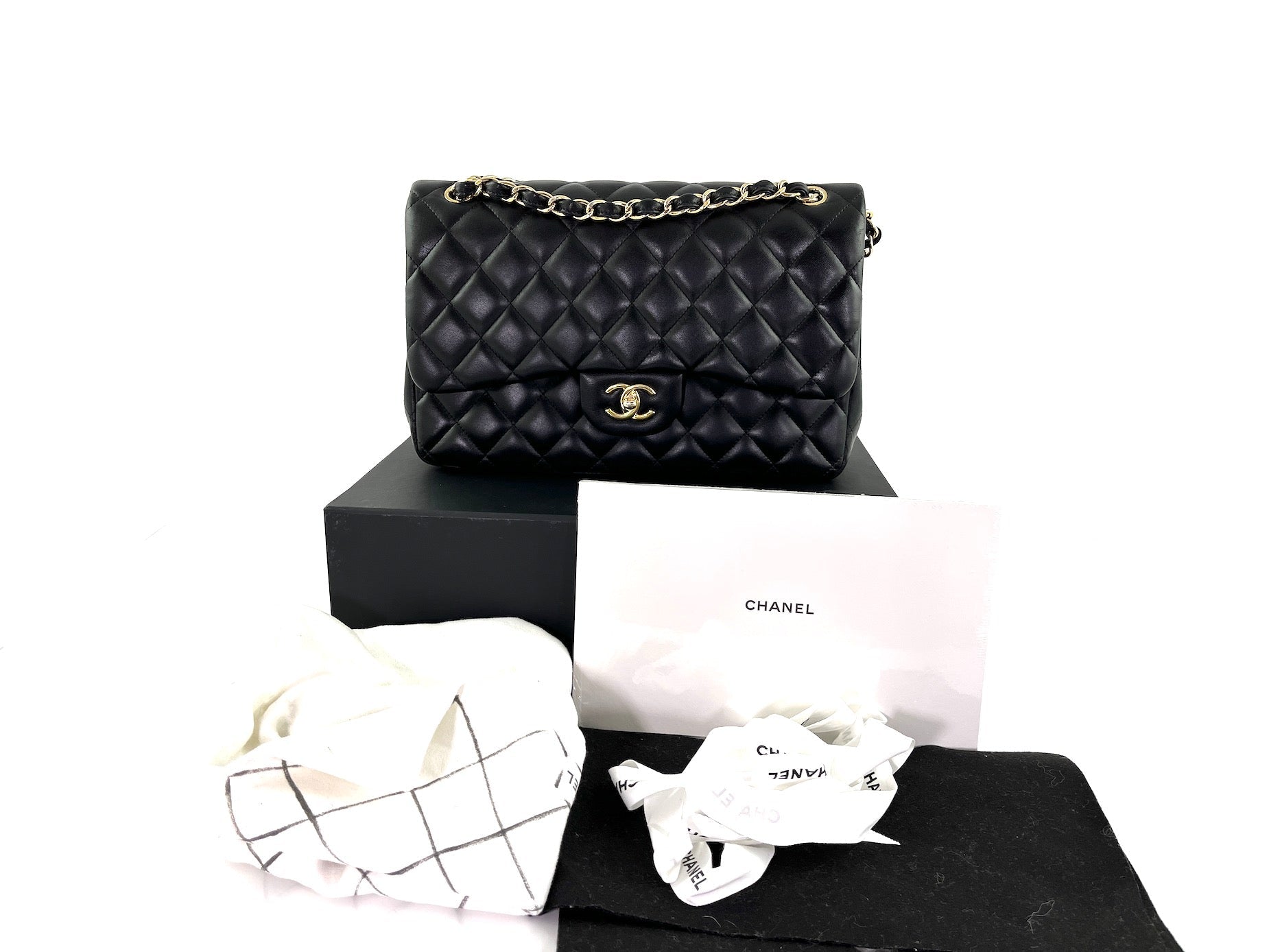 Chanel Black Lambskin Jumbo Quilted Gold Hardware Classic Double Fl…
