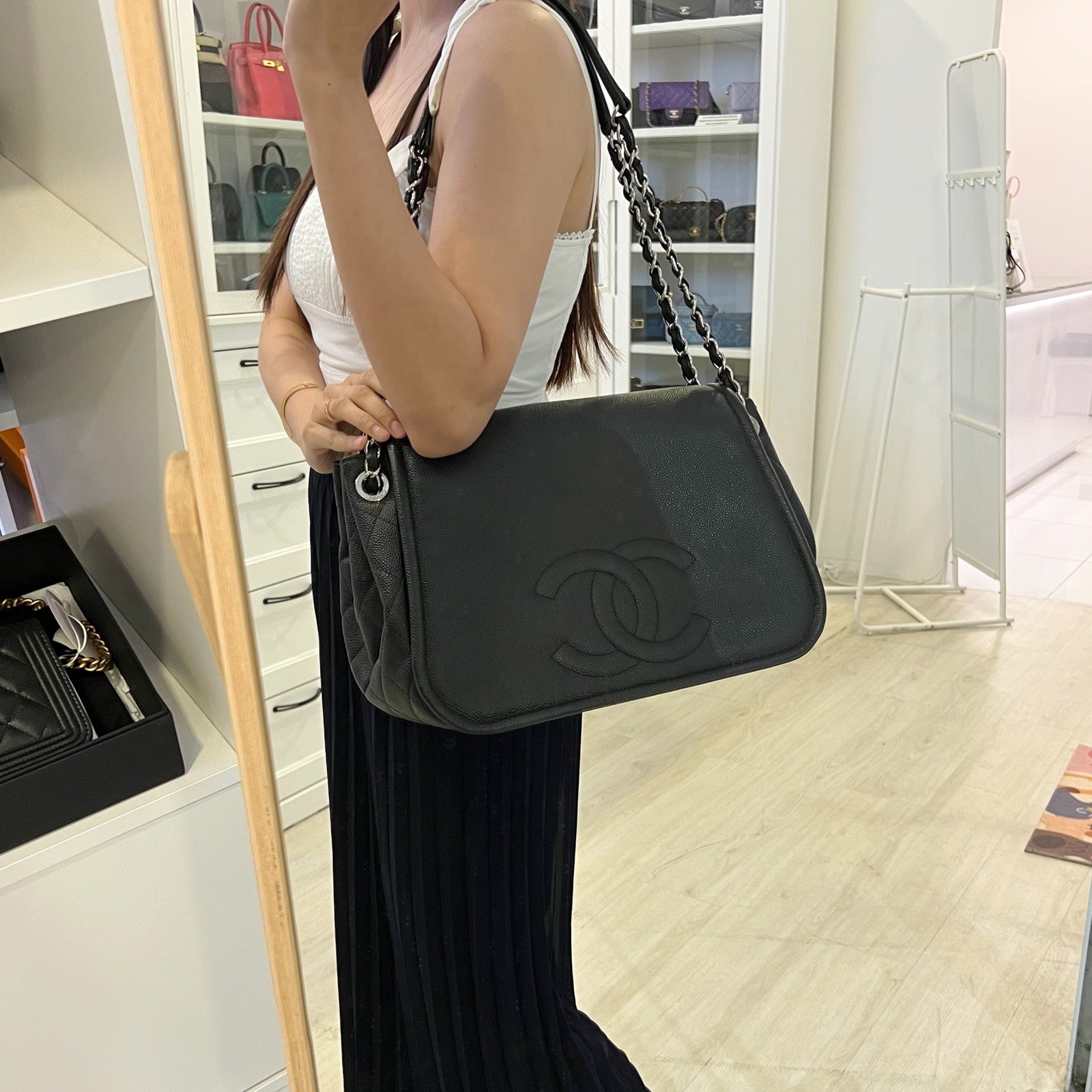 Chanel Maxi Accordion Shoulder Bag In Black Caviar And SHW