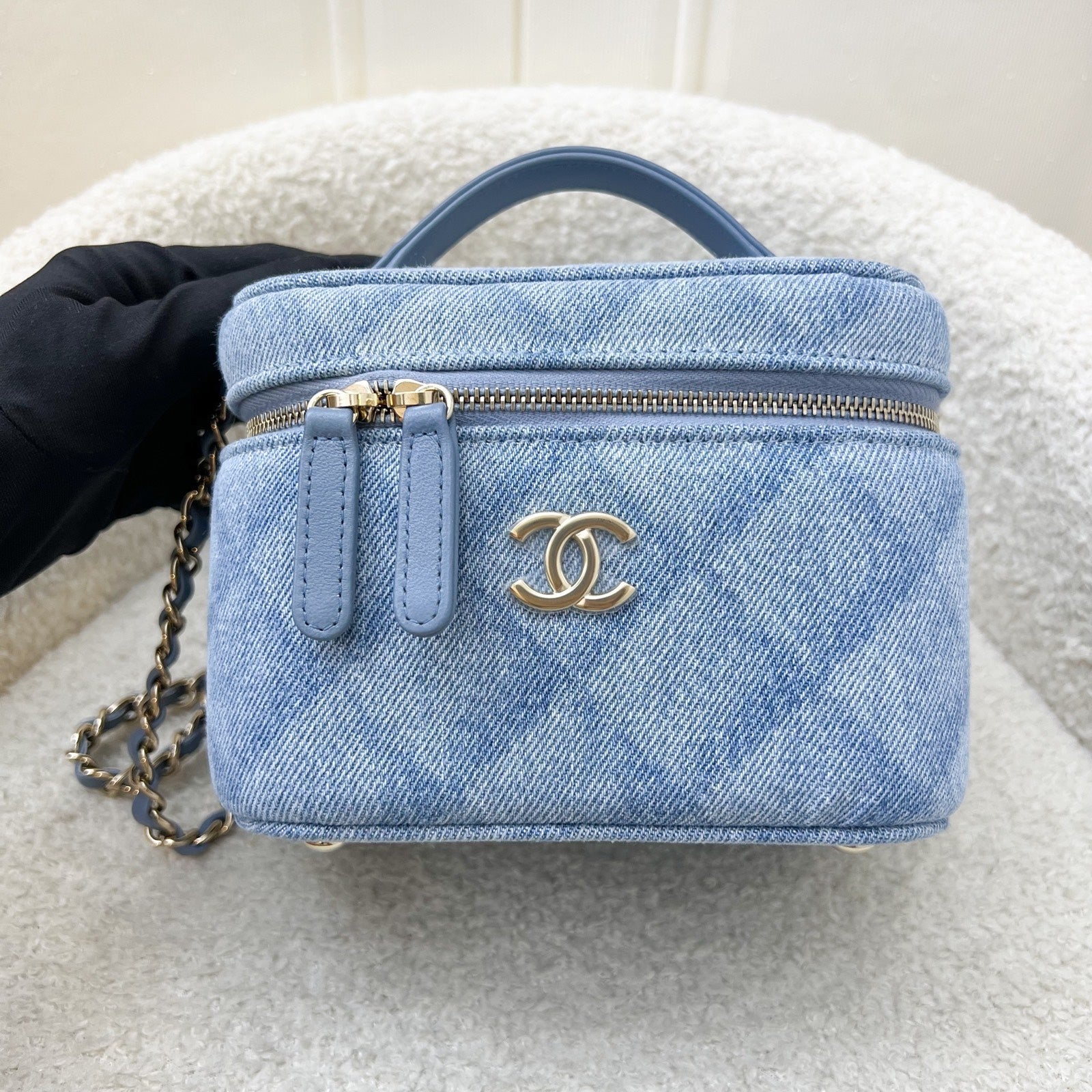 Chanel 22B Cheer for Chanel Vanity Case with Top Handle in Light Blue Fabric and LGHW (Model: ) Handbag