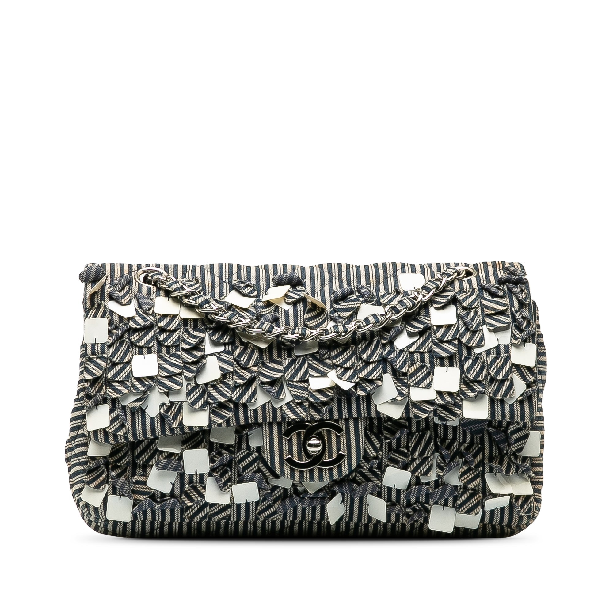 Blue Chanel Medium Cotton Striped Double Flap Shoulder Bag