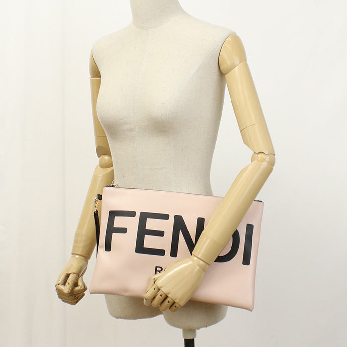 Fendi Fendi Rome Logo AEHR Large Flat Pouch Clutch Bag Leather Pink…